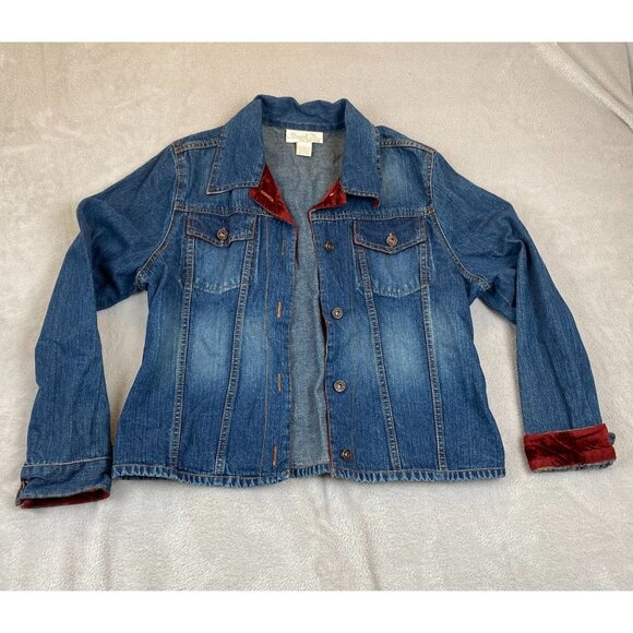 Daniel K. Women Denim Jacket Large Blue Red Velvet Lining Button Up Casual Retro - Picture 9 of 10